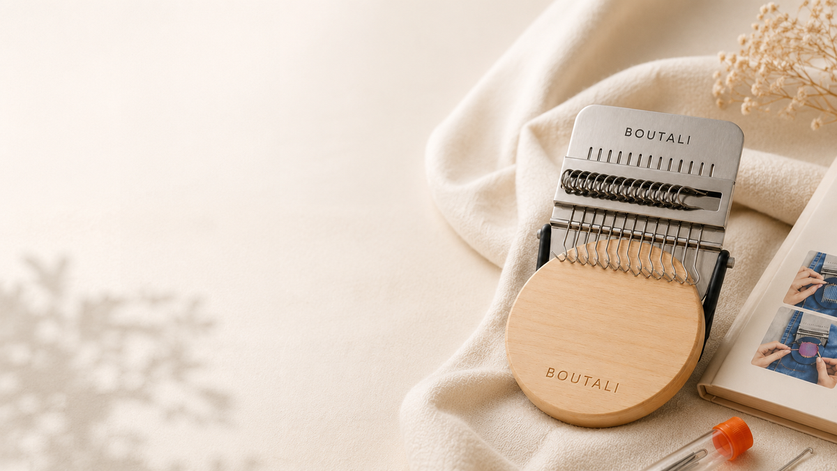 Boutali Modèle Standard dans une mise en scène textile premium, espace clair à gauche pour le texte de la page d'accueil