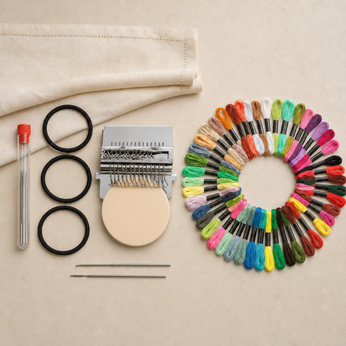 Palette de fils Boutali 100 couleurs présentée avec l’univers textile Boutali