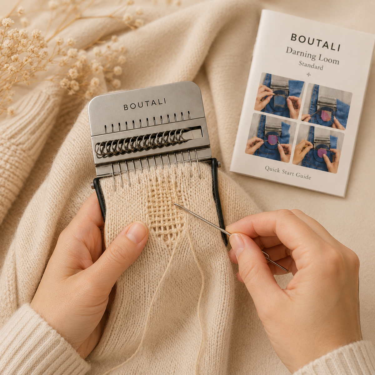 Métier Boutali Modèle Standard en utilisation sur un tricot, support caché par le textile
