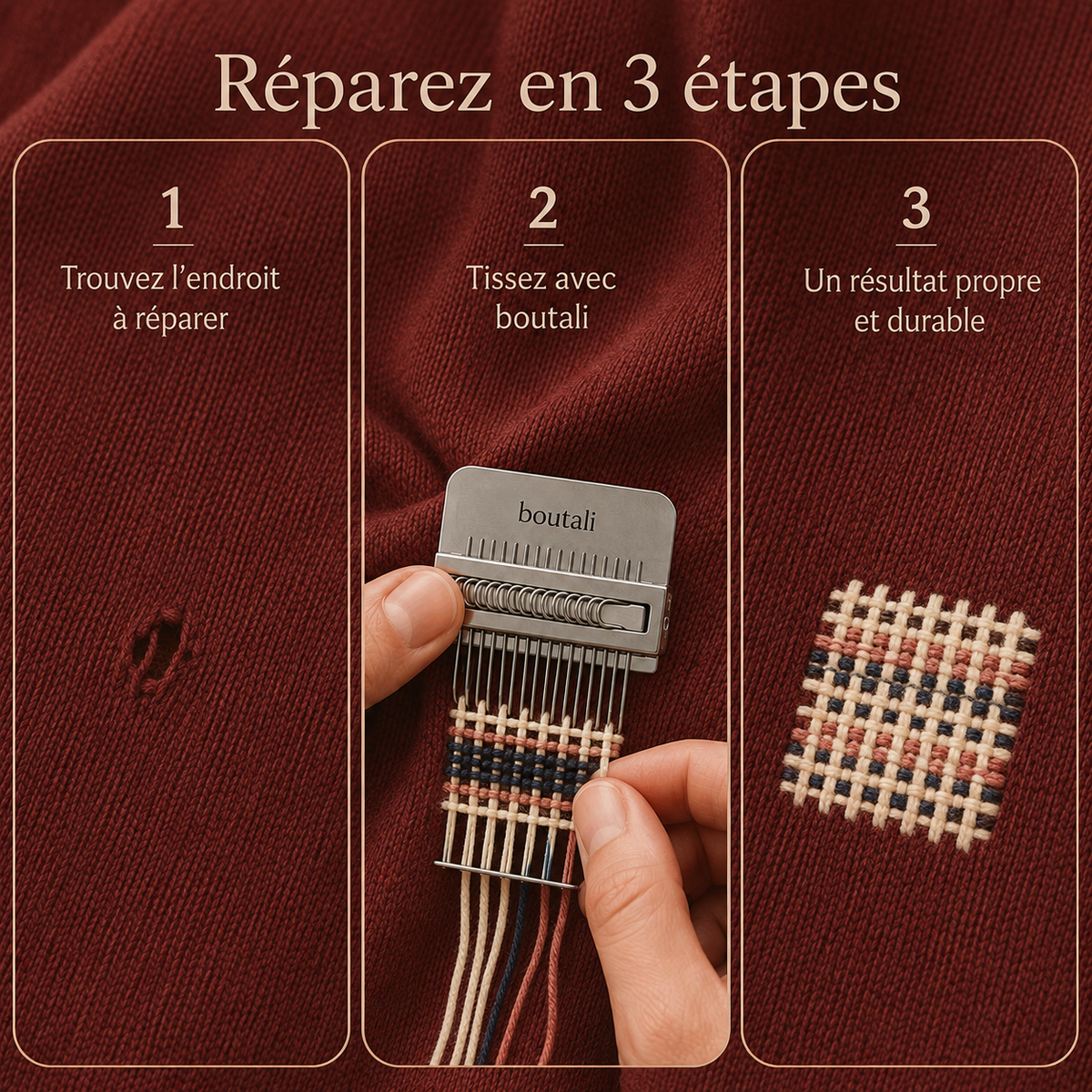Réparer avec Boutali en 3 étapes — trou, tissage puis patch contrasté