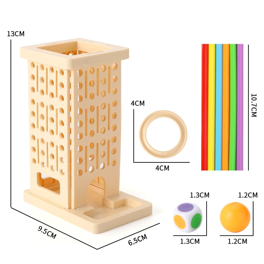 Dimensions de Tourbille V2 : tour 9,5 x 6,5 x 13 cm, bâtonnets 10,7 cm, anneau 4 cm
